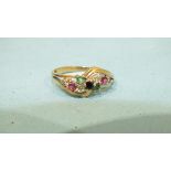 A 9ct gold ring set a cluster of sapphire, emeralds, rubies and diamonds, size P, 2.2g.