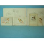 Four original unframed watercolour illustrations of young children, three signed G M Holt, on