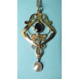 An Edwardian 9ct gold open-work pendant set sapphire and seed pearls, above a mabé pearl drop, on