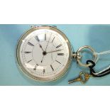 A silver-cased key-wind open-face chronograph by J Richardson for J W Keeley & Sons, the white