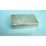A Victorian engine-turned silver snuff box of rectangular form, with scroll-engraved sides and