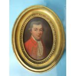 18th/19th century English School PORTRAIT OF A YOUNG GENTLEMAN WEARING A BRAIDED RED MILITARY TUNIC,