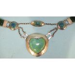 An Arts & Crafts silver and enamel necklace, the central green/blue-enamelled heart-shaped plaque,