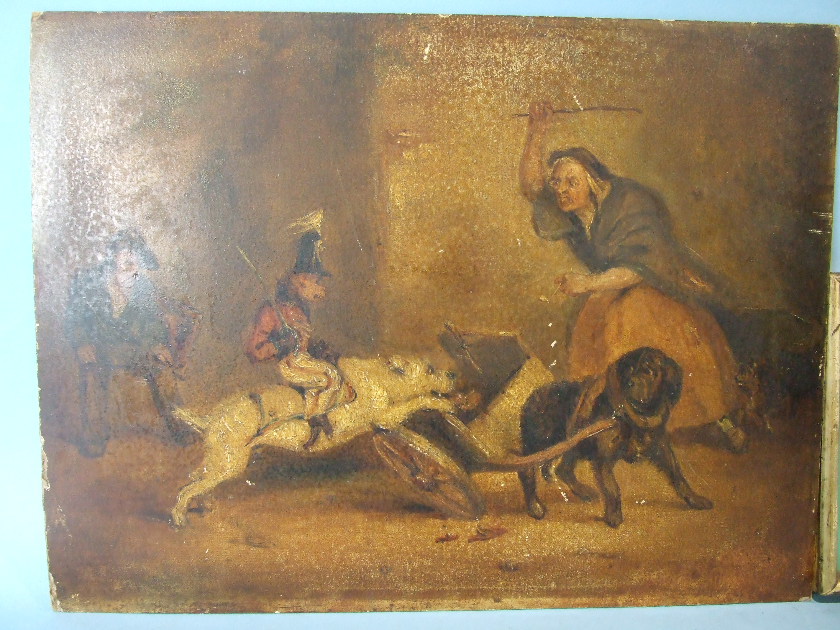 19th Century UPSETTING THE CART, A MONKEY DRESSED IN MILITARY UNIFORM RIDING ON A DOG Unsigned oil - Image 3 of 3