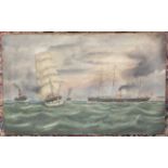 19th/20th century English School WHITE STAR STEAM AND SAIL LINER IONIC AND HMS INVERCARGILL WITH