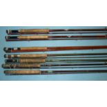 A Hardys 3-piece fibreglass salmon rod, an Edgar Sealey Fenwick fibreglass rod and other