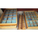 Three glazed pine display boxes with hinged lids, 42 x 61 x 11cm and other scratch-built display