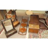 A mahogany bed table by Farmer, Lane & Co, London, two dressing table mirrors and other items.