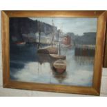 A L Simmonds, Boats in a Harbour, signed oil on board, 53 x 40cm and two other paintings, (3).
