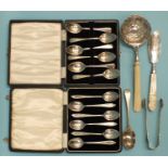 Two cased sets of six each silver teaspoons, a pair of silver sugar tongs and other items, weighable