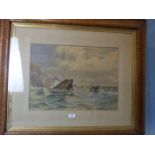 William Widgery (1822-1893) ROCKY COASTAL SCENE WITH SAILING BOATS IN DISTANCE Signed watercolour