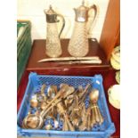 A collection of boxed bone handled table cutlery, other boxed cutlery and plated ware.