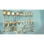 A collection of Old English pattern flatware: 9 table forks, 5 dessert spoons, 4 tablespoons, 7