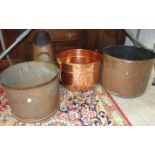 A large copper two-handled circular planter, 40cm diameter and other metalware.