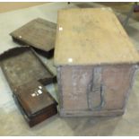 A pine rectangular tool box, 84cm, a sloping writing desk top and other items.