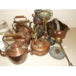 Five copper kettles, a pair of brass fire dogs and other brass, copper and metalware.
