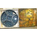 An oriental ceramic set of hors d'oeuvres dishes set on plastic revolving tray, 38cm, in original