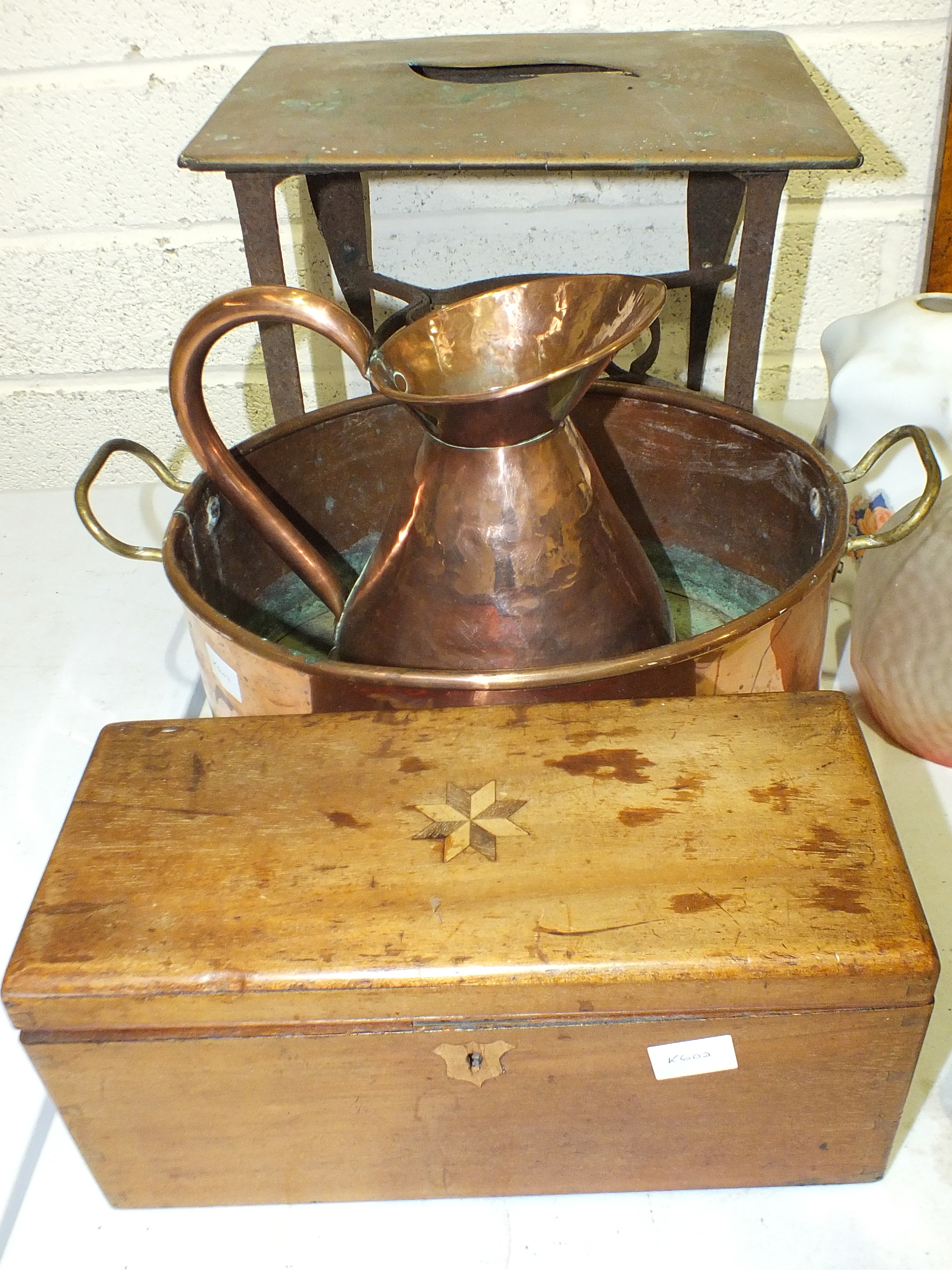 A brass and iron trivet stand, an inlaid mahogany box, 28cm and other items.