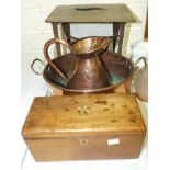 A brass and iron trivet stand, an inlaid mahogany box, 28cm and other items.