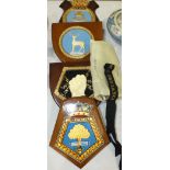 Metal ships plaques: HMS Defiance, HMS Chieftain and HMS Ark Royal, presented to W S Behenna, Lt RN,