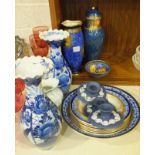 Two Chinese baluster blue and white ceramic vases, three Wedgwood jasperware candle holders and