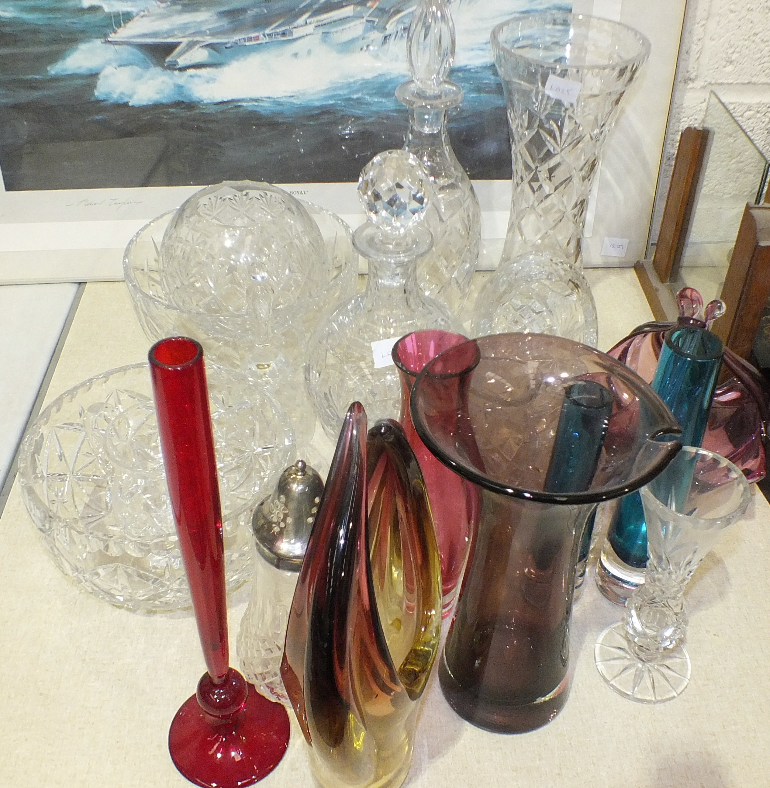 A collection of cut-glass bowls by Thomas Webb and others and other glass ware.