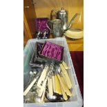 Two pairs of boxed silver-plated peppers, plated cutlery and other metalware.