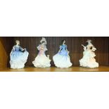 Four Royal Doulton figurines: Elizabeth 2465, Katherine 3708, Rebecca 4041 and Flowers of Love