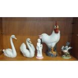 Two Lladro swan figures, a modern Chinese model of a cockerel and two other items.