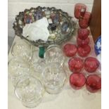 Eight cranberry port glasses, a mosaic glass and mother of pearl lamp shade (damaged), 30cm and