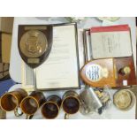 Various ships plaques, framed photographs and other items relating to HMS Soberton, naval buttons
