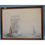 A T Burbery, 'Three-masted vessel with fishing boat in the foreground', signed oil on canvas, 45 x