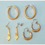 Three pairs of 9ct gold earrings, 5g.
