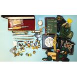 Various enamelled and cloth badges, a Parker '45' fountain pen and other items.