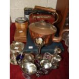 Two Roberts transistor radios, models R200 and R404, a copper kettle and various plated and wooden