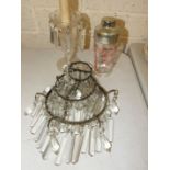 A three-tier glass-drop circular light fitting, 28cm diameter, 30cm high, a cut-glass table lamp and