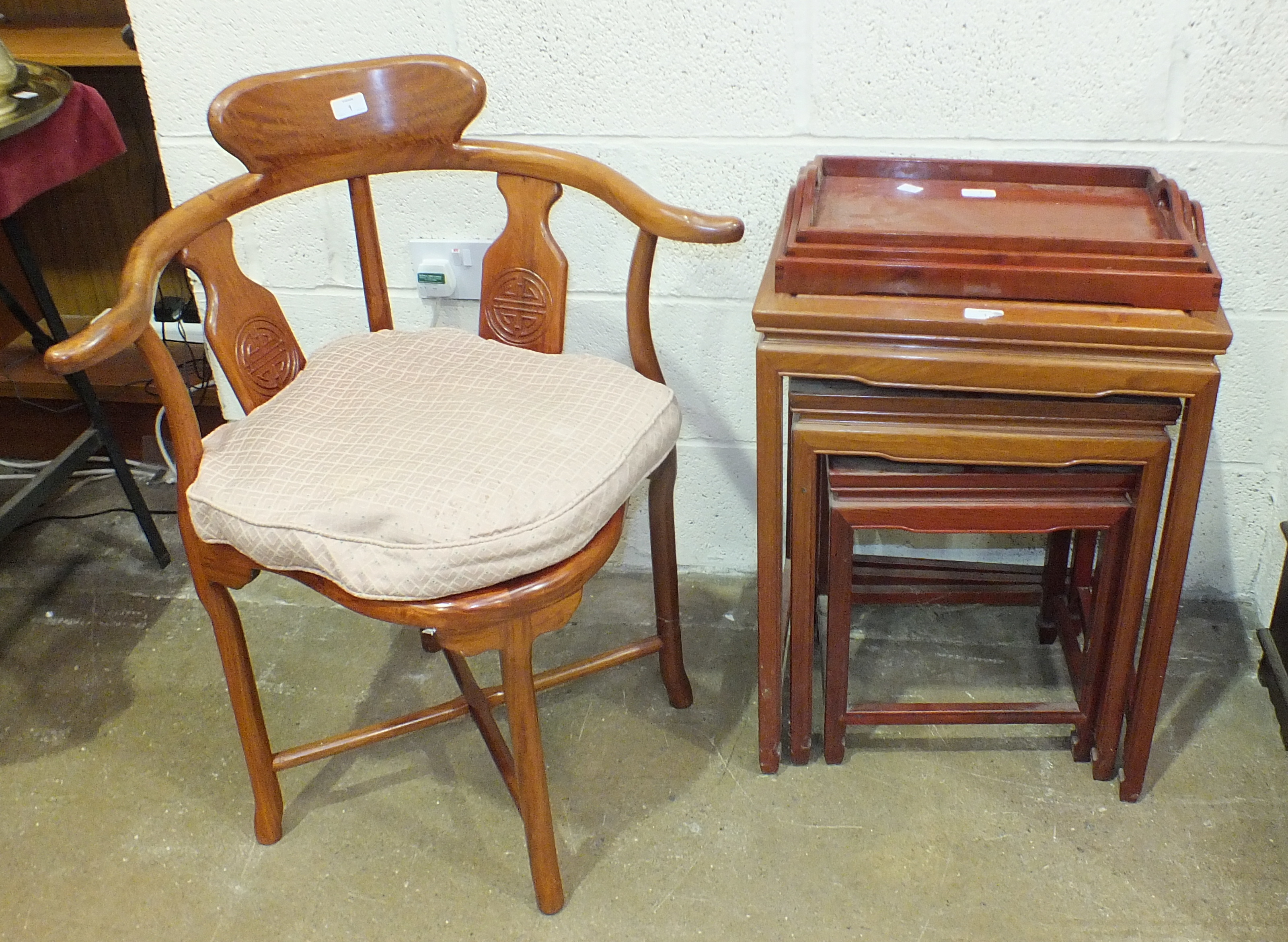 A 20th century nest of four Oriental hardwood tables, 48 x 38cm maximum, a nest of three hardwood