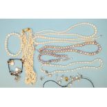 Four cultured freshwater pearl necklaces and other cultured pearl jewellery.