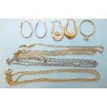 Three 9ct gold neck chains, (all a/f) and a pair of 9ct gold earrings, total weight 4.8g, a pair