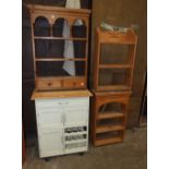 A pine hanging shelf unit, 65 x 92cm, two other pine hanging shelves and a painted kitchen storage