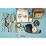 A lady's small 9ct-gold-cased wrist watch and other watches, travelling clocks, etc.