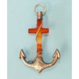 A Victorian large silver mounted agate anchor brooch, 73mm long.