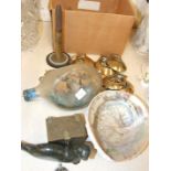 A ship in glass bottle, eleven horse brasses, a Polish trench art lighter and other items.