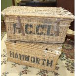 Two wicker laundry baskets marked Bracknell and Spring Grove, 76cm wide, (woodworm), (2).