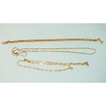 A modern 9ct gold belcher link bracelet, 20cm and two 9ct gold neck chains, (both af), total