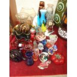 Two carnival glass dishes, various modern paperweights and other coloured and plain glassware.