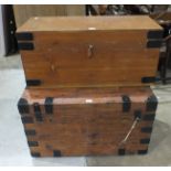 A large zinc-lined metal-bound cabin trunk, 92cm wide, with key and a modern metal-bound trunk, 97cm