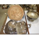 A plated spirit kettle on stand, other plated ware, metal ware and miscellaneous items.