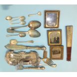 Three silver bright-cut teaspoons and other damaged silver flatware, ___5oz, a pair of plated