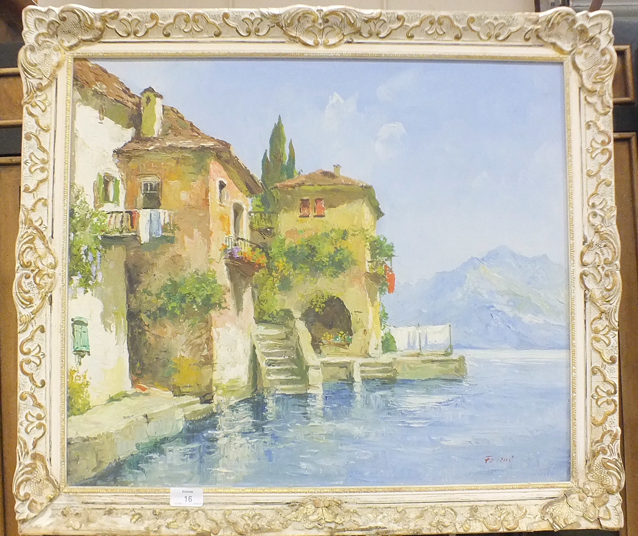 20th century Continental School, 'Lakeside Villa', indistinctly-signed oil on canvas, 50 x 60cm, H